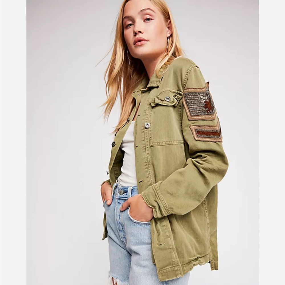 Free People Embellished Military Shirt Jacket